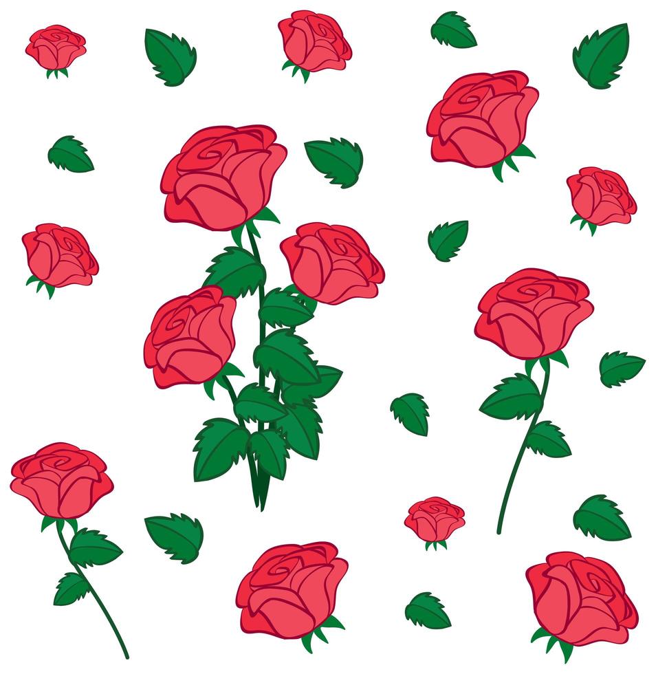 ensemble de jolies fleurs roses rouges et feuilles vecteur