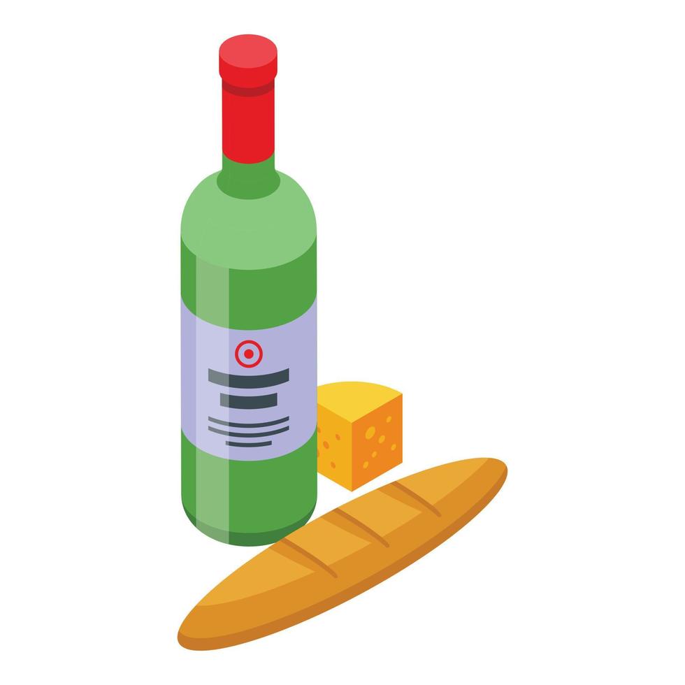 vecteur isométrique d'icône de pain de bouteille de vin. alcool de fromage