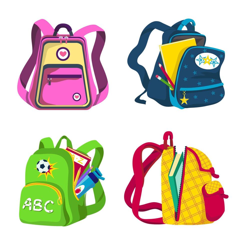 sacs à dos scolaires et préscolaires pour enfants, différentes couleurs, angles avant, vue latérale, ouverts et fermés. sacs à dos colorés avec manuels, cahiers, crayons, bouteilles. jeu de dessin animé de vecteur
