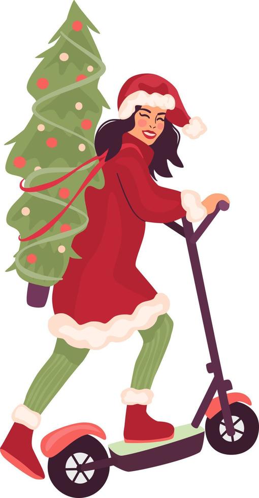 père noël féminin avec un arbre de noël sur un scooter de coup de pied. personnages de noël mignons isolés sur fond blanc. illustration vectorielle de vacances d'hiver. vecteur