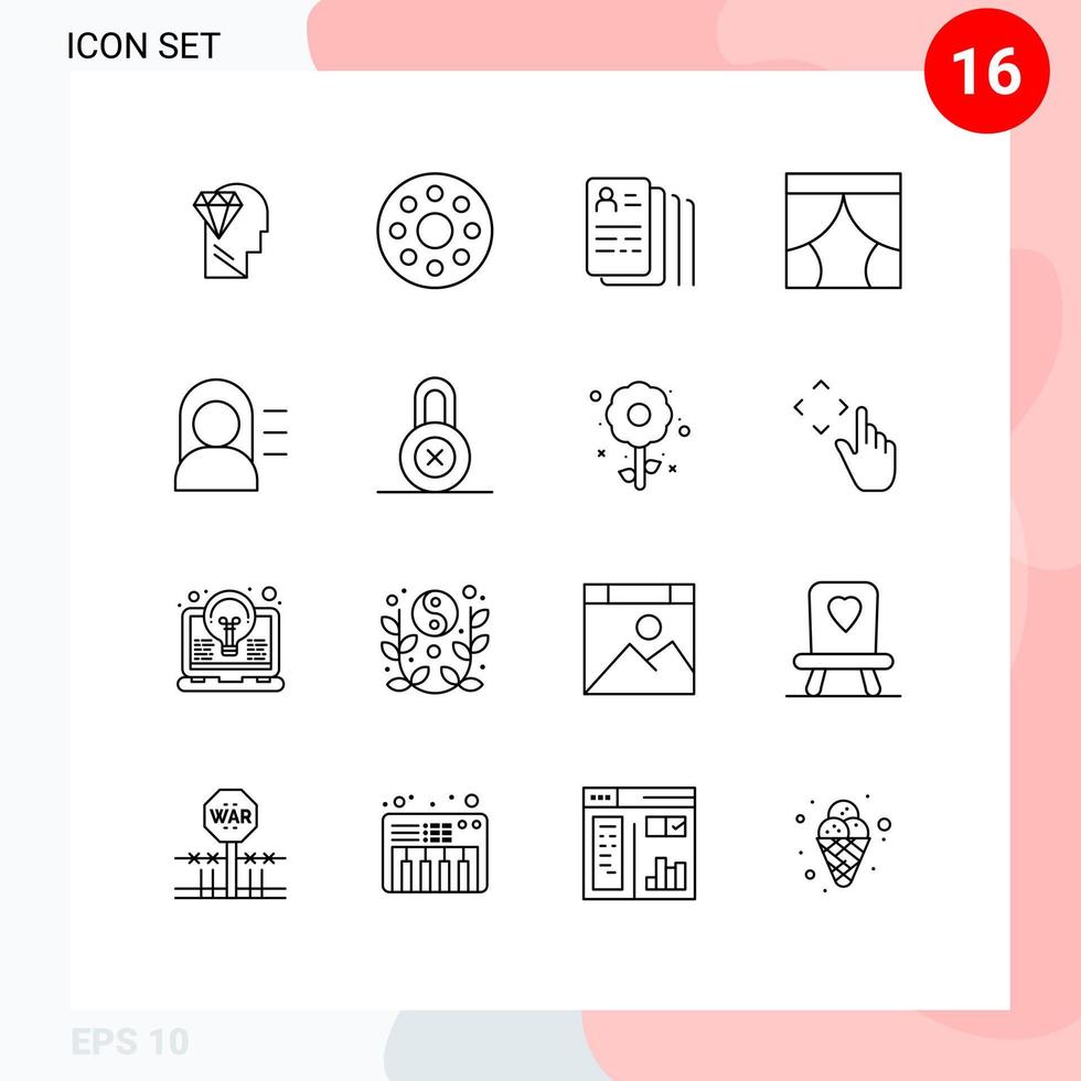 16 contours universels définis pour les applications web et mobiles fille fenêtre trouver théâtre intérieur éléments de conception vectorielle modifiables vecteur