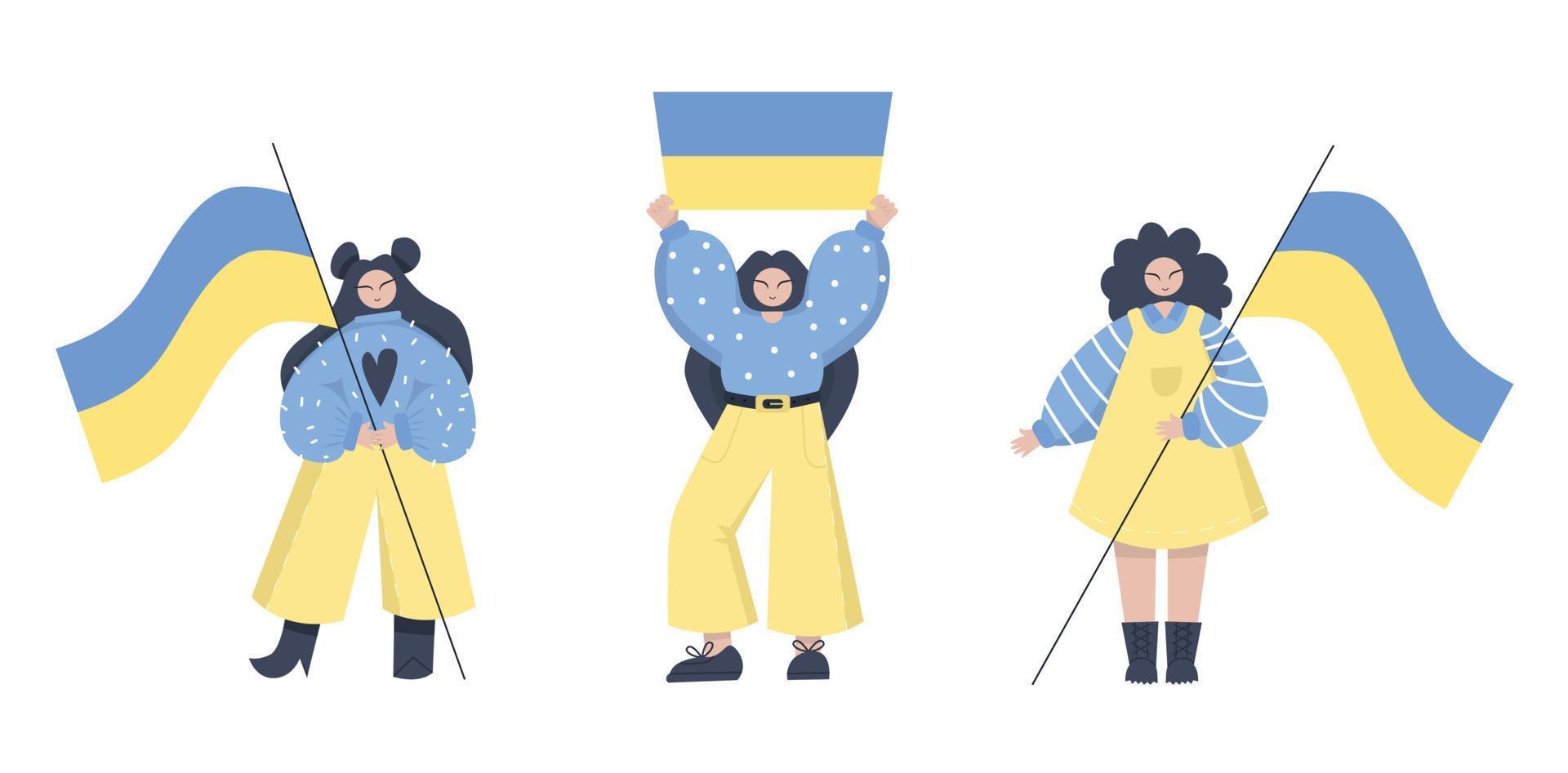 personnes plates tenant le drapeau ukrainien au rallye. prise en charge des caractères modernes pour l'ukraine. se tenir avec le concept de l'ukraine. arrêter la guerre. illustration vectorielle isolée sur fond blanc pour le web vecteur