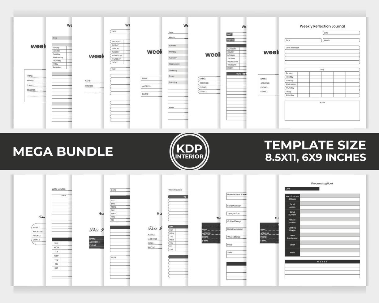 journal de réflexion hebdomadaire du bundle intérieur kdp, planificateur de routine hebdomadaire de soins capillaires, modèle de conception unique du journal des armes à feu vecteur