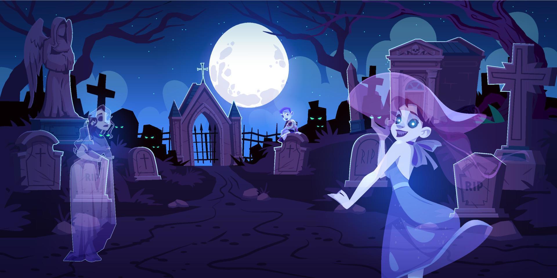 fantômes sur le vieux cimetière avec des tombes la nuit vecteur