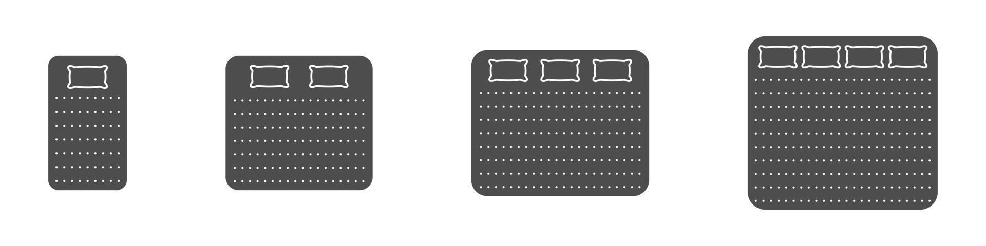 ensemble d'icônes de silhouette noire de taille de matelas et de lit. mesure de la longueur du lit pour la chambre à coucher dans le pictogramme de l'hôtel ou de la maison. tailles de matelas pour chambre à coucher. illustration vectorielle isolée. vecteur