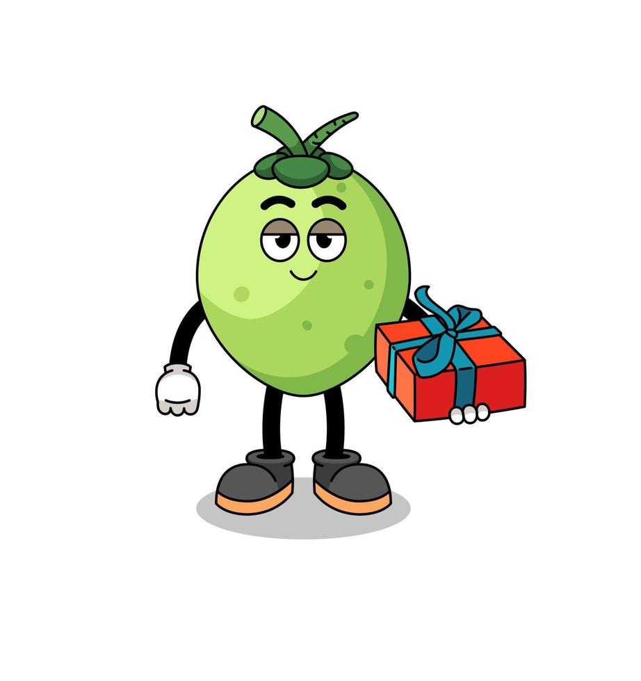 illustration de mascotte de noix de coco donnant un cadeau vecteur