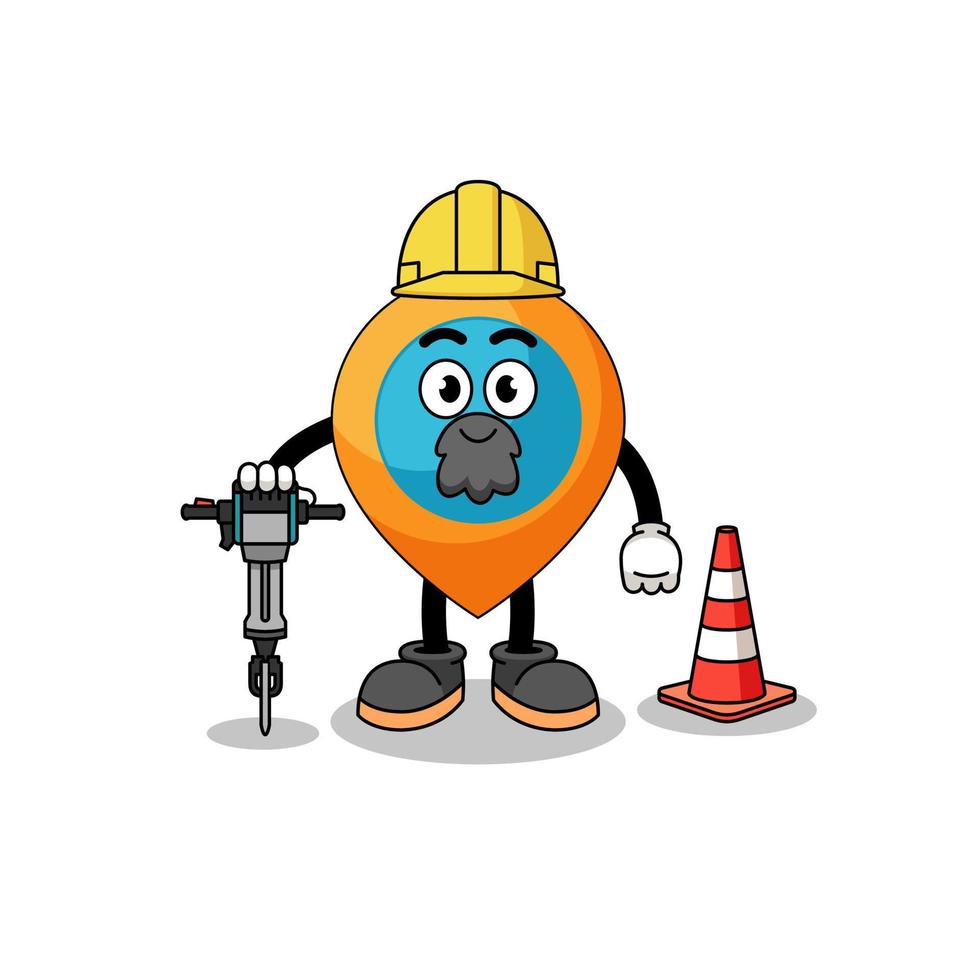 caricature de personnage du symbole de localisation travaillant sur la construction de routes vecteur