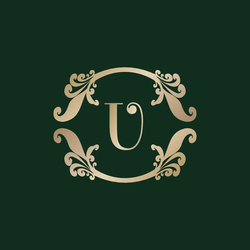 logo alphabet lettre u avec cadre doré décoratif de luxe. élégant ornement floral de boucle. vecteur