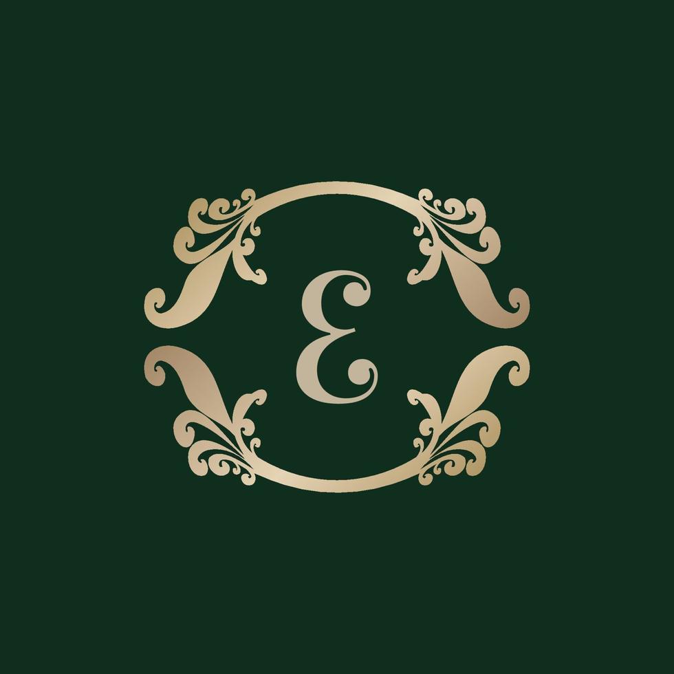 logo alphabet lettre e avec cadre doré décoratif de luxe. élégant ornement floral de boucle. vecteur