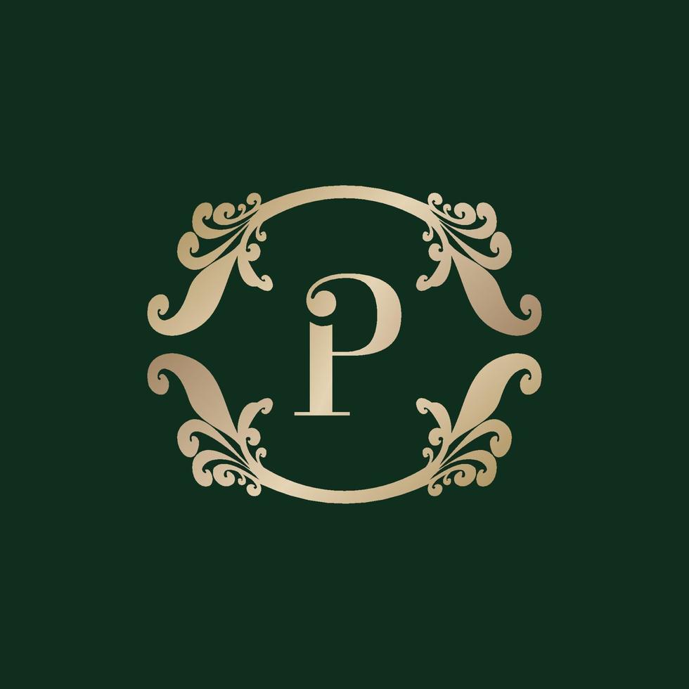 logo alphabet lettre p avec cadre doré décoratif de luxe. élégant ornement floral de boucle. vecteur