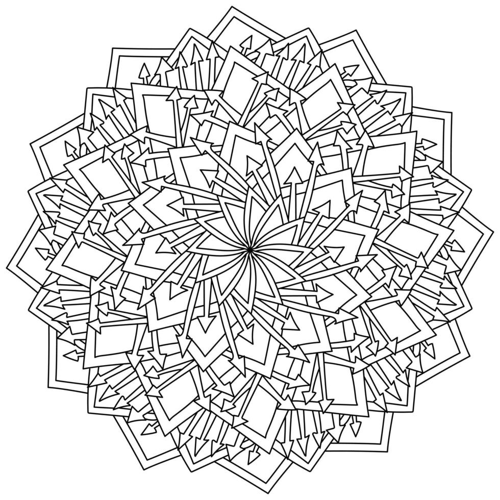 contour mandala avec des motifs de flèches et de carrés, page de coloriage soufflé méditative à partir de motifs fantastiques vecteur