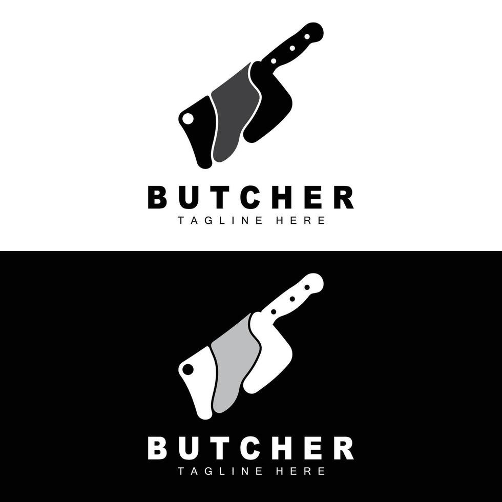 création de logo de boucher, modèle vectoriel d'outil de coupe de couteau, conception d'illustration de marque de produit pour boucherie, ferme, boucherie