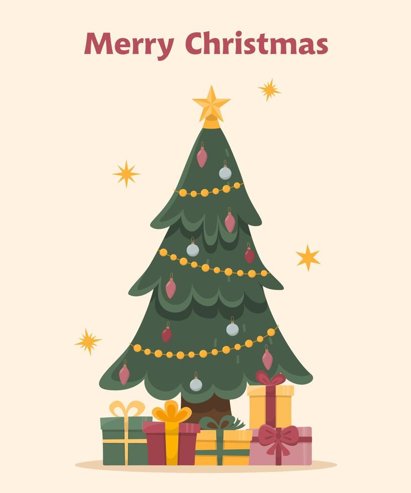 l'arbre est décoré de boules, de guirlandes, de lampes, d'une étoile, de coffrets cadeaux. Sapin de Noël. joyeux Noël. bonne année. image vectorielle, illustration vecteur