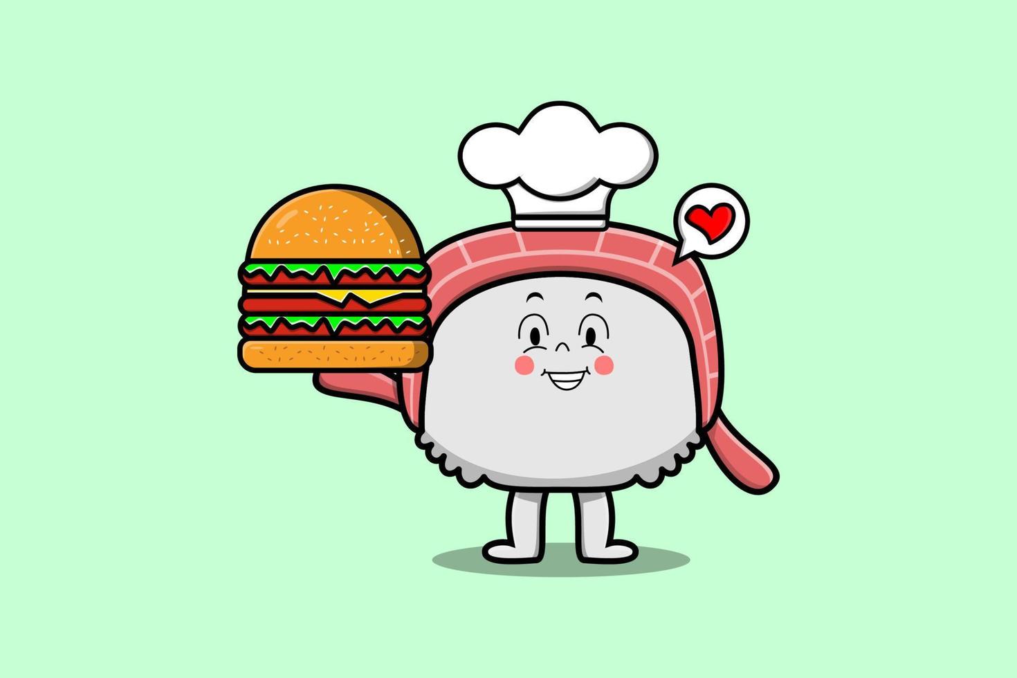 personnage de chef sushi dessin animé mignon tenant burger vecteur