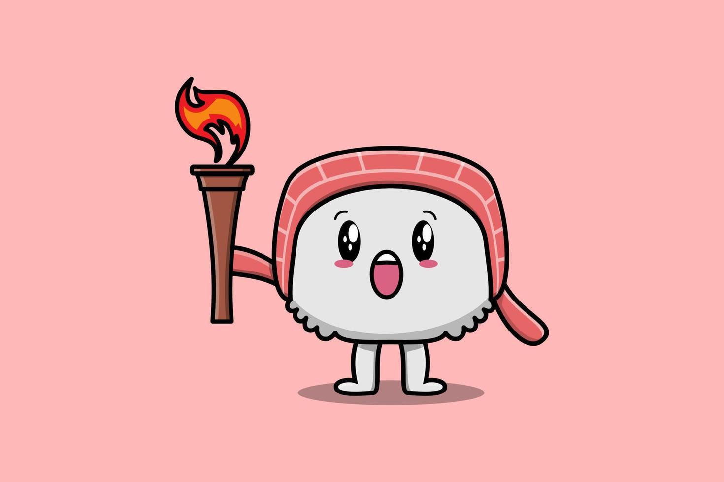 illustration de dessin animé mignon de sushi tenir la torche de feu vecteur