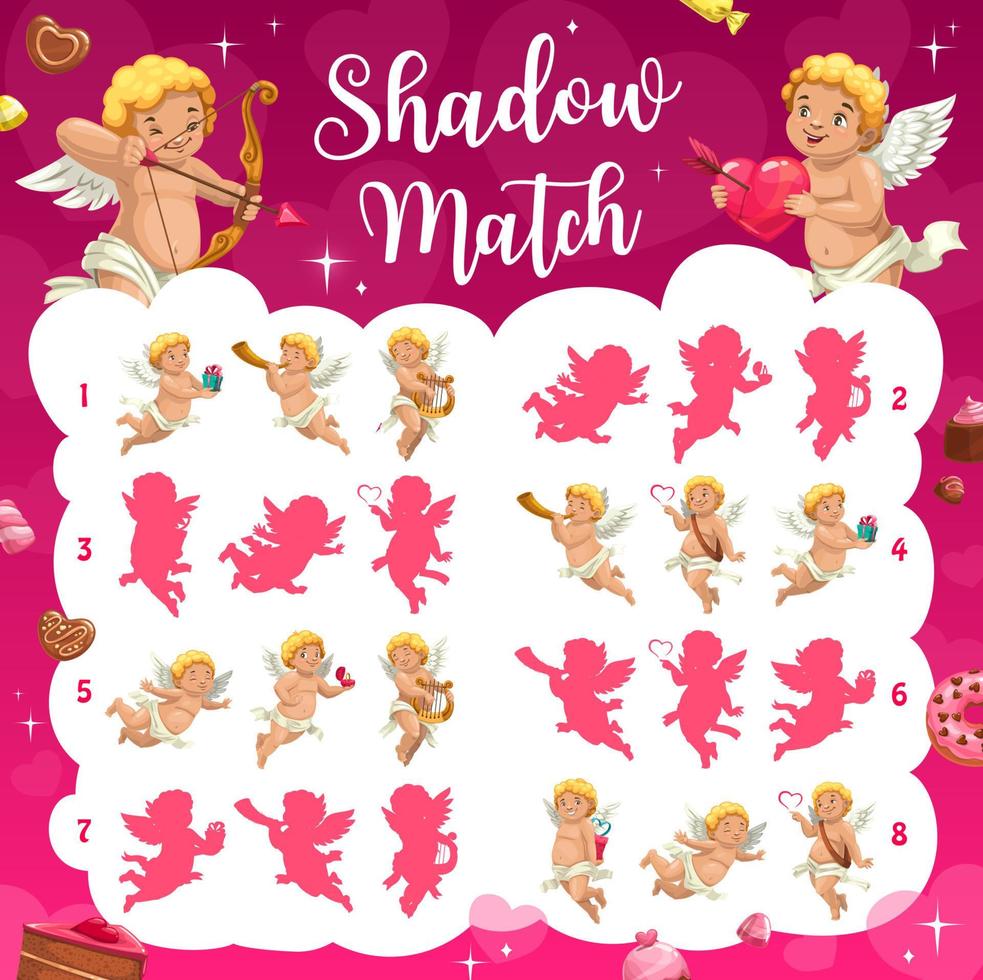 jeu de puzzle match d'ombre, anges cupidons de dessin animé vecteur