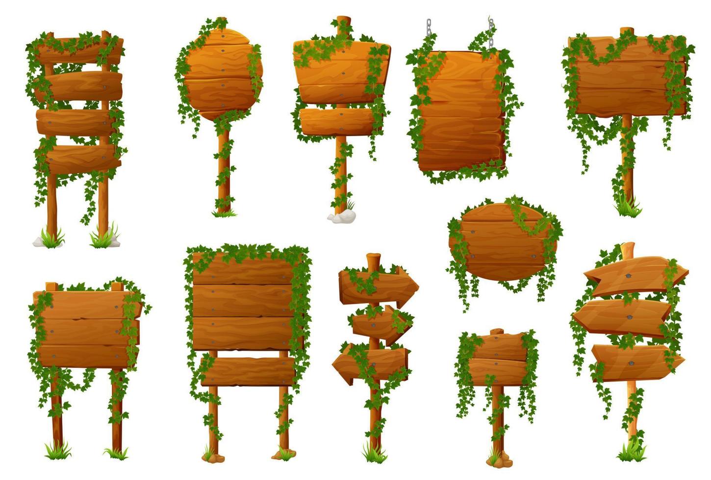 panneaux en bois, planches pointeur de route avec feuilles de lierre vecteur