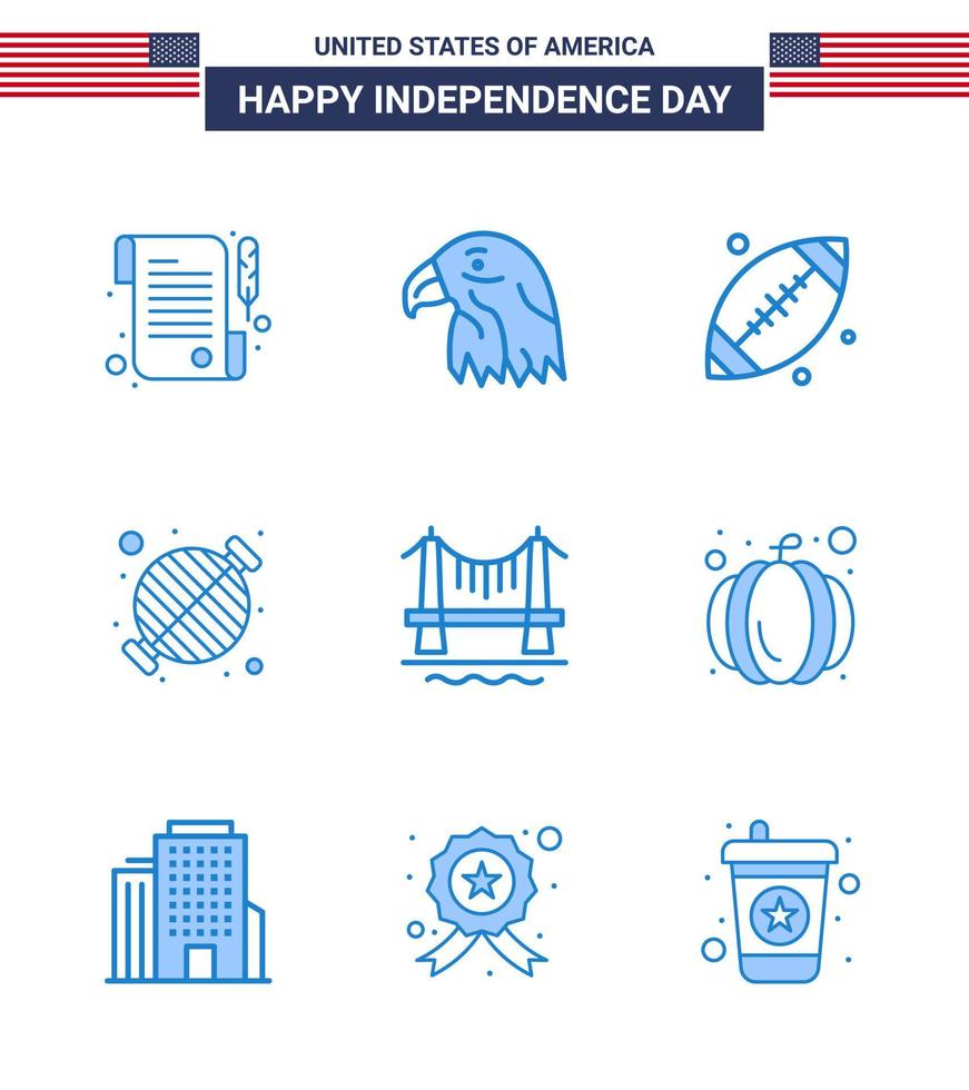 ensemble moderne de 9 blues et symboles le jour de l'indépendance des états-unis tels que la fête de la construction footbal grill barbecue modifiable usa day vector design elements