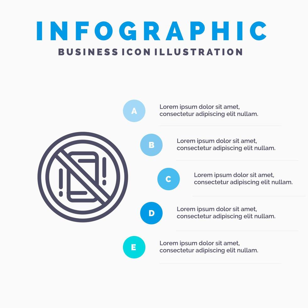 éviter les distractions mobile hors icône de ligne téléphonique avec fond d'infographie de présentation en 5 étapes vecteur