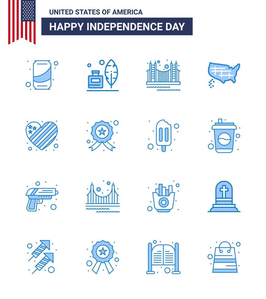 joyeux jour de l'indépendance 16 pack d'icônes blues pour le web et l'impression usa états pont carte tourisme modifiable usa day vector design elements