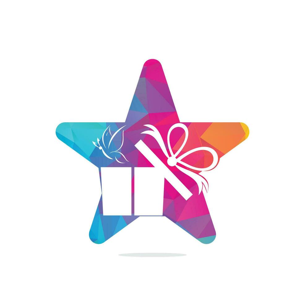 création de logo vectoriel de concept de forme d'étoile de boîte-cadeau. illustration de la boîte cadeau présente, salutation, surprise. boîte de voeux ou boîte-cadeau d'emballage.