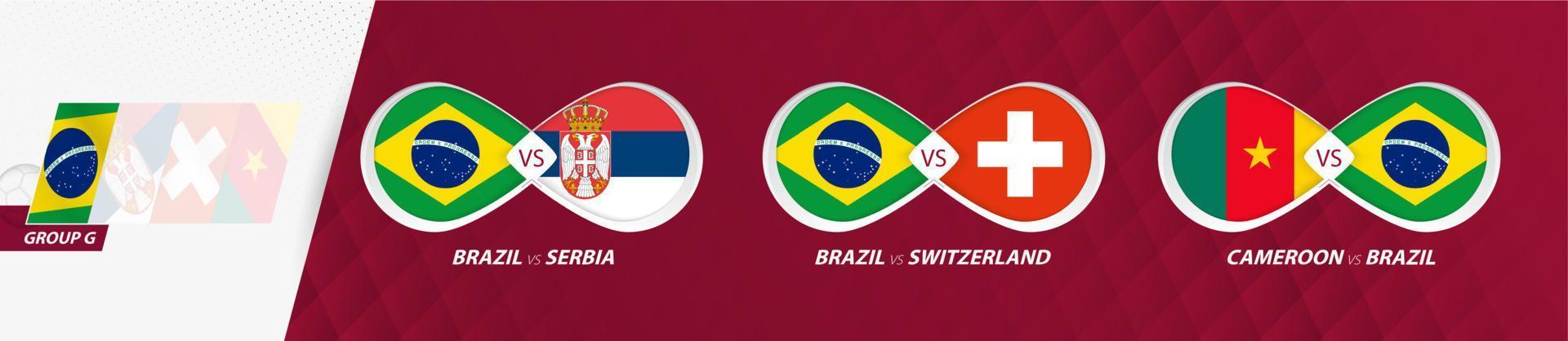 matchs de l'équipe nationale du brésil dans le groupe g, compétition de football 2022, icône de tous les jeux en phase de groupes. vecteur