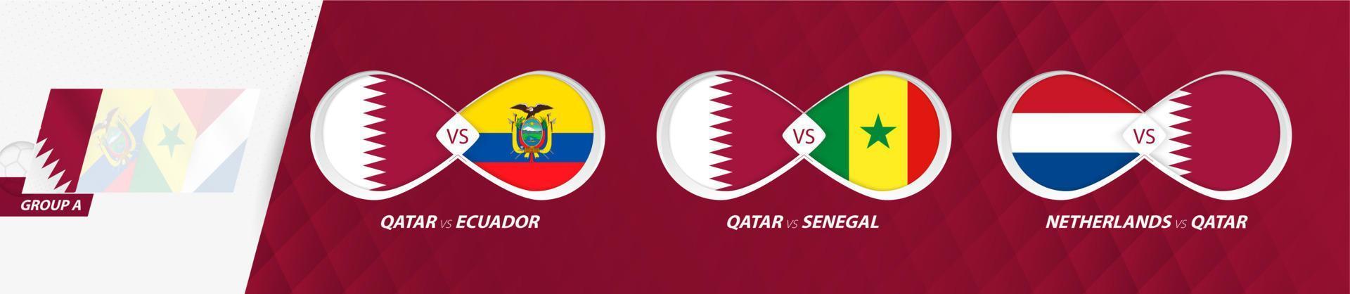 matchs de l'équipe nationale du qatar dans le groupe a, compétition de football 2022, icône de tous les jeux en phase de groupes. vecteur