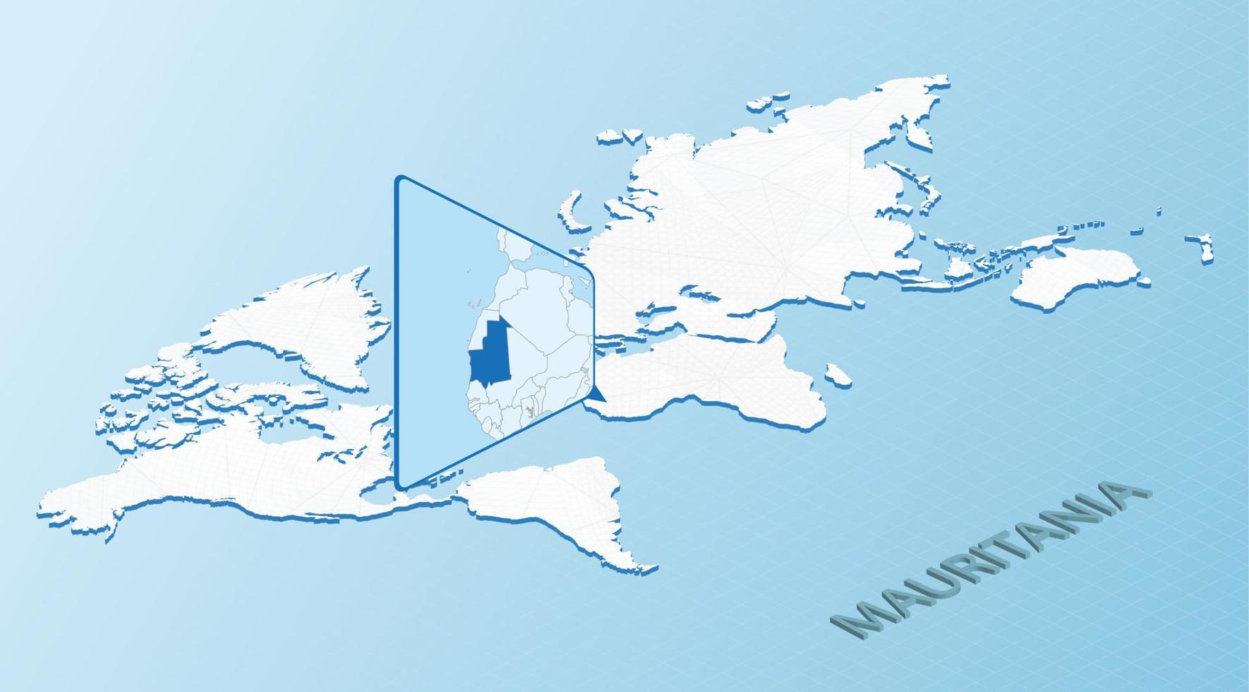 carte du monde en style isométrique avec carte détaillée de la mauritanie. carte mauritanie bleu clair avec carte du monde abstraite. vecteur