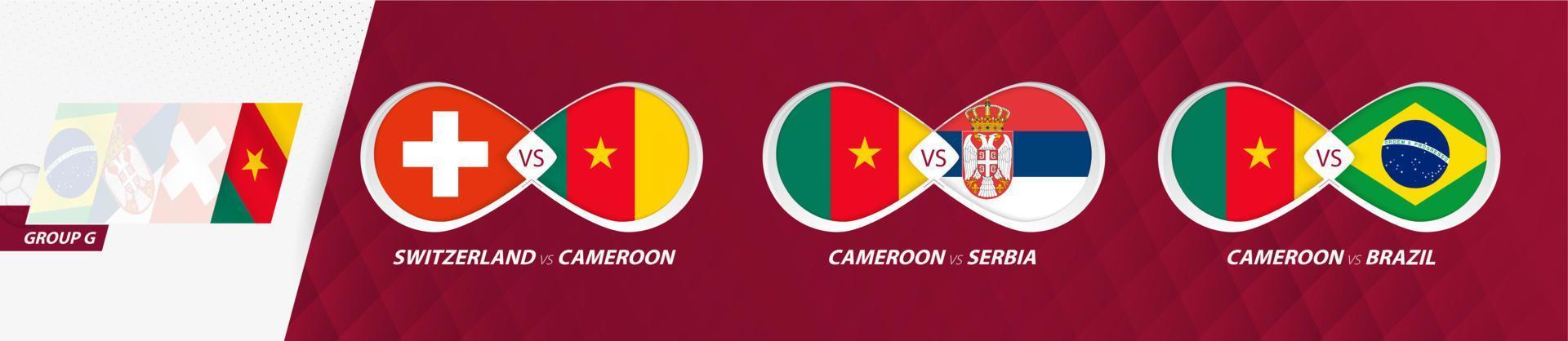 matchs de l'équipe nationale du cameroun dans le groupe g, compétition de football 2022, icône de tous les jeux en phase de groupes. vecteur