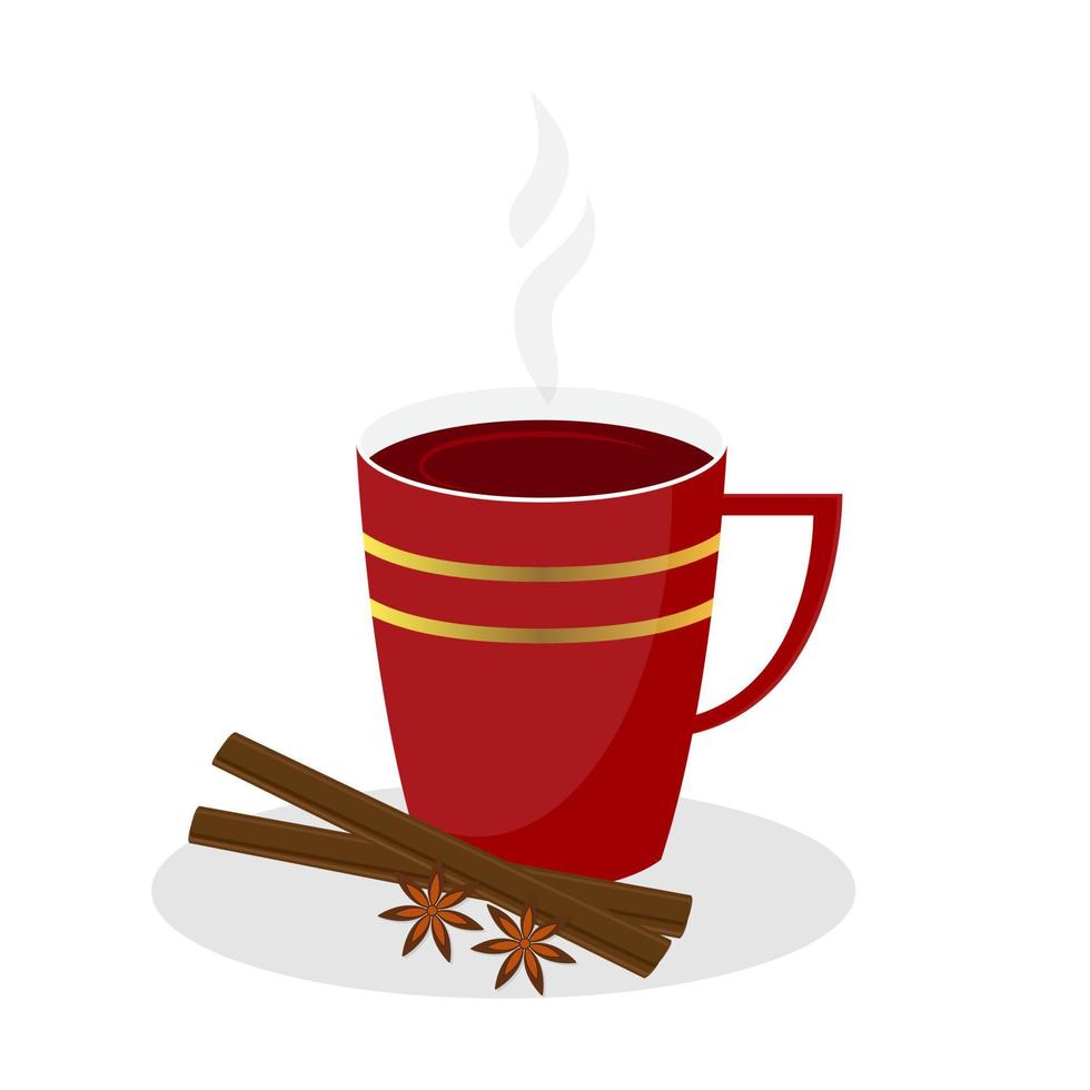 illustration vectorielle de vin chaud. tasse rouge de vin chaud avec bâton de cannelle et anis. peut être utilisé pour les menus, les cafés et les restaurants. vecteur