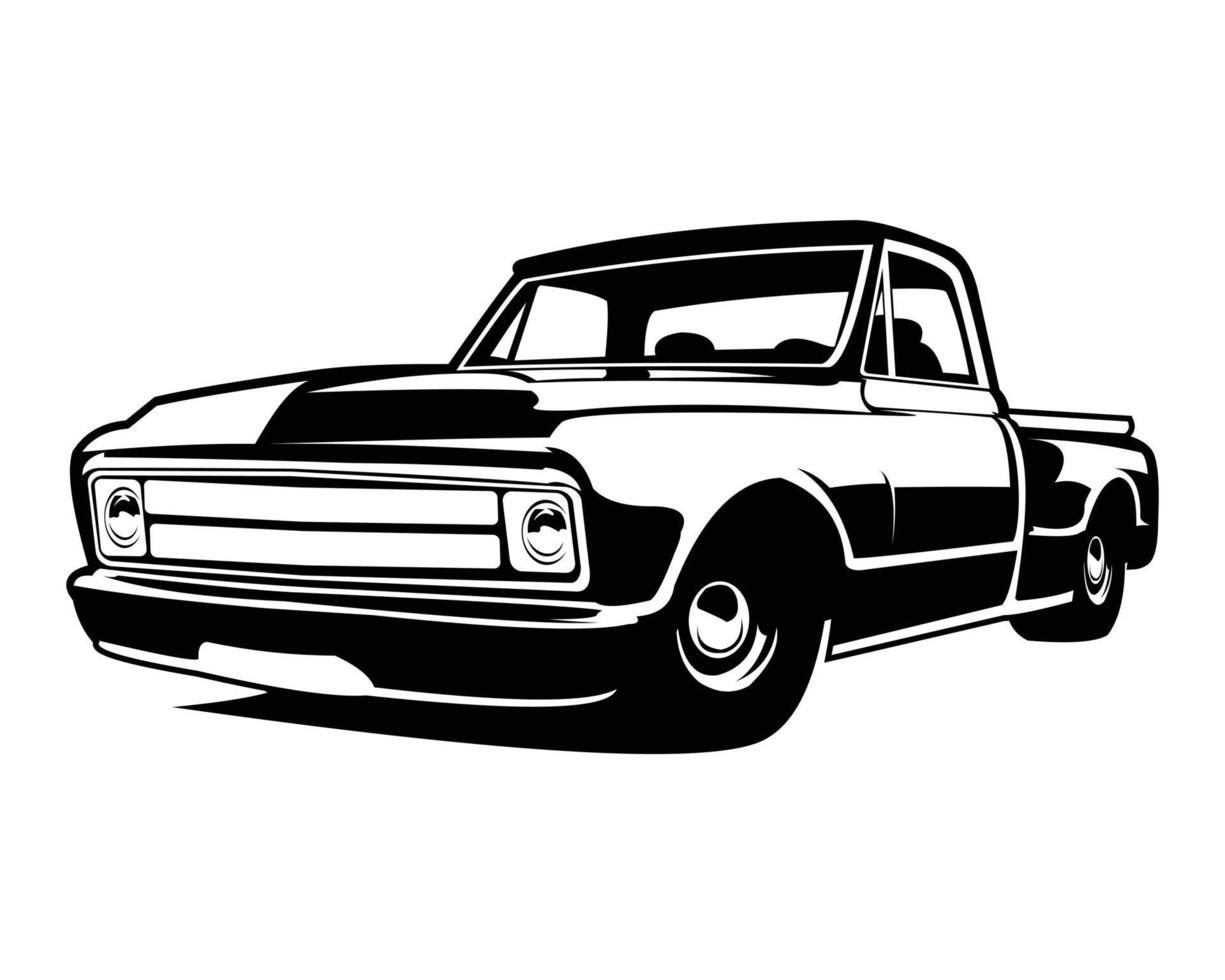silhouette de camion classique c10 se produisant du côté isolé sur fond blanc. idéal pour les badges, logos, emblèmes, icônes et pour l'industrie du camionnage. vecteur