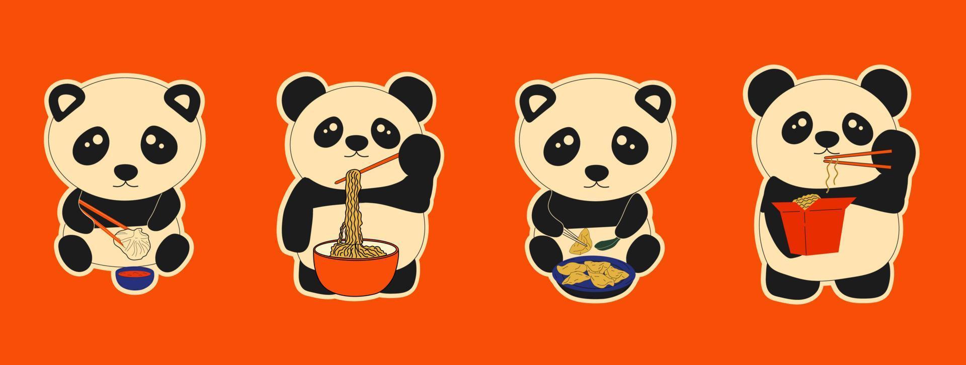 ensemble de pandas mignons mangeant des dim sum doodle. boulettes chinoises traditionnelles. illustration du vecteur de nourriture asiatique kawaii.