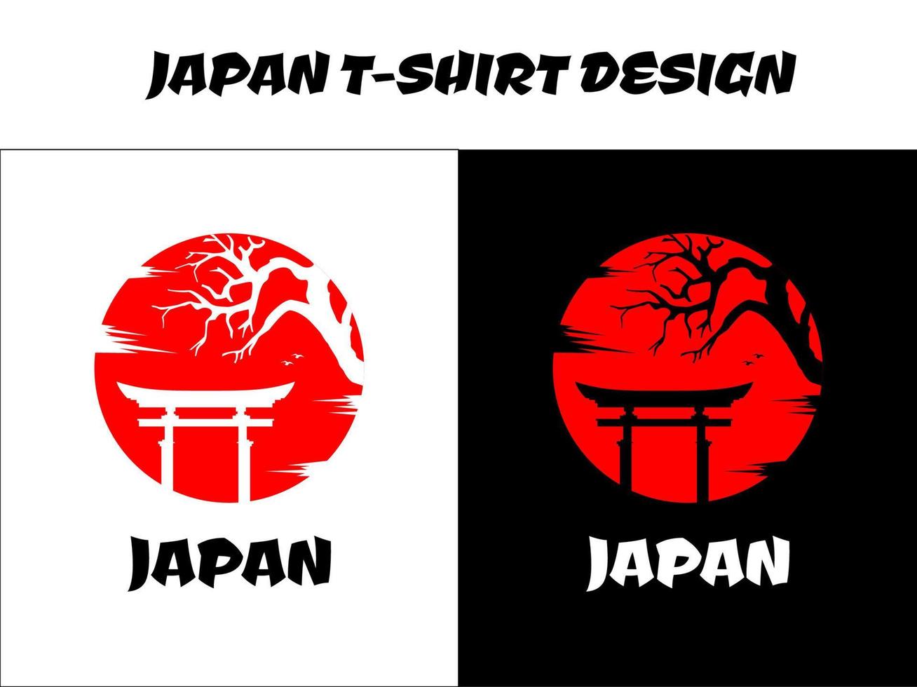 conception de t-shirt japonais, silhouette pour un thème japonais, conception de t-shirt à thème japonais avec lune rouge vecteur