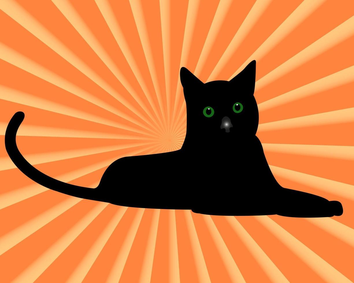 chat noir aux yeux verts sur fond orange vecteur