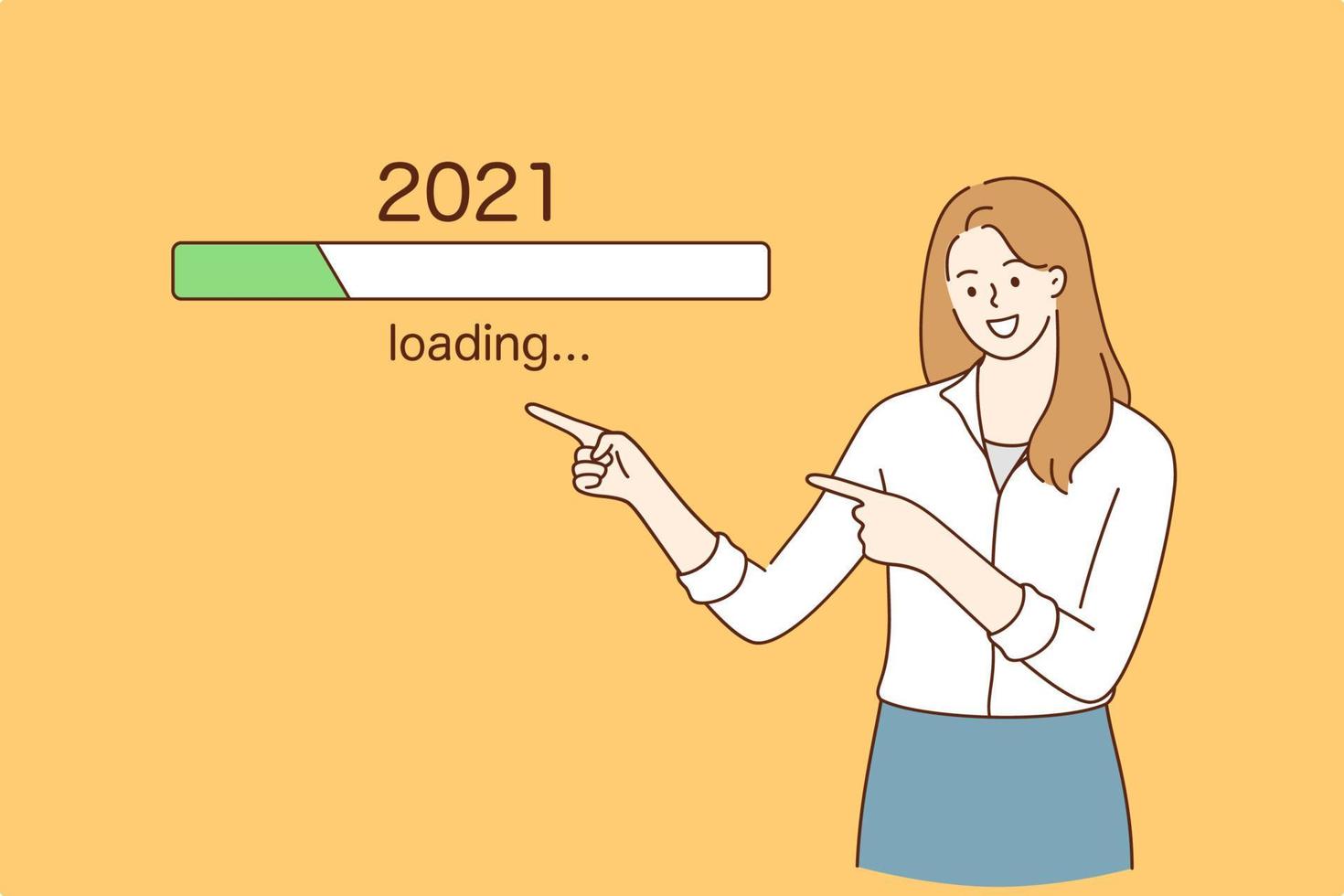 anticipation, en attendant un meilleur concept de nouvel an 2021. joyeuse jeune jolie femme pointant du doigt le processus de téléchargement de 2021 sur fond jaune en attendant de meilleures nouvelles illustration vectorielle vecteur