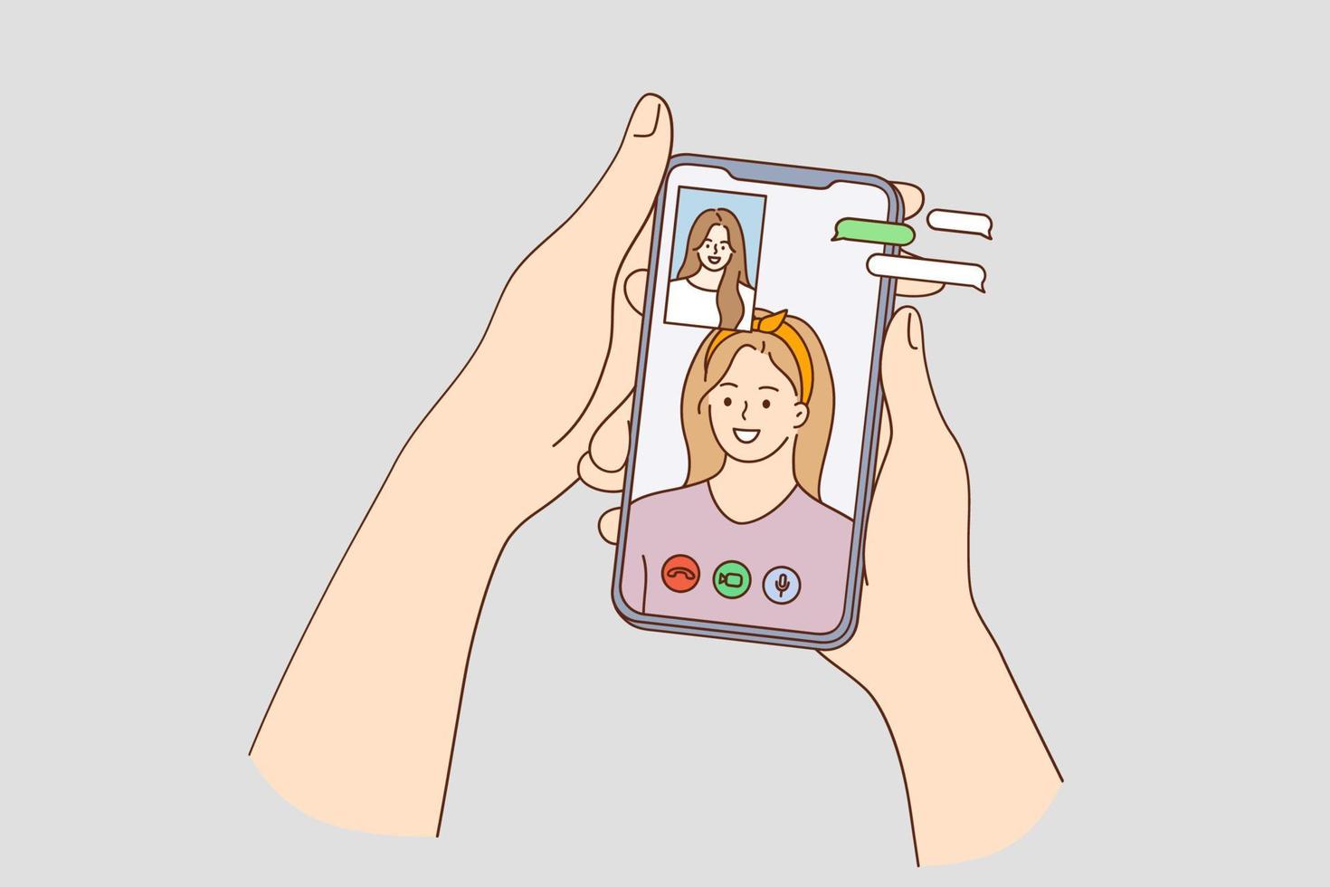 parler virtuel et discuter avec des amis pendant le concept covid-19. main humaine à l'aide d'une conférence téléphonique par chat vidéo avec des amis sur smartphone avec illustration vectorielle d'application spéciale vecteur