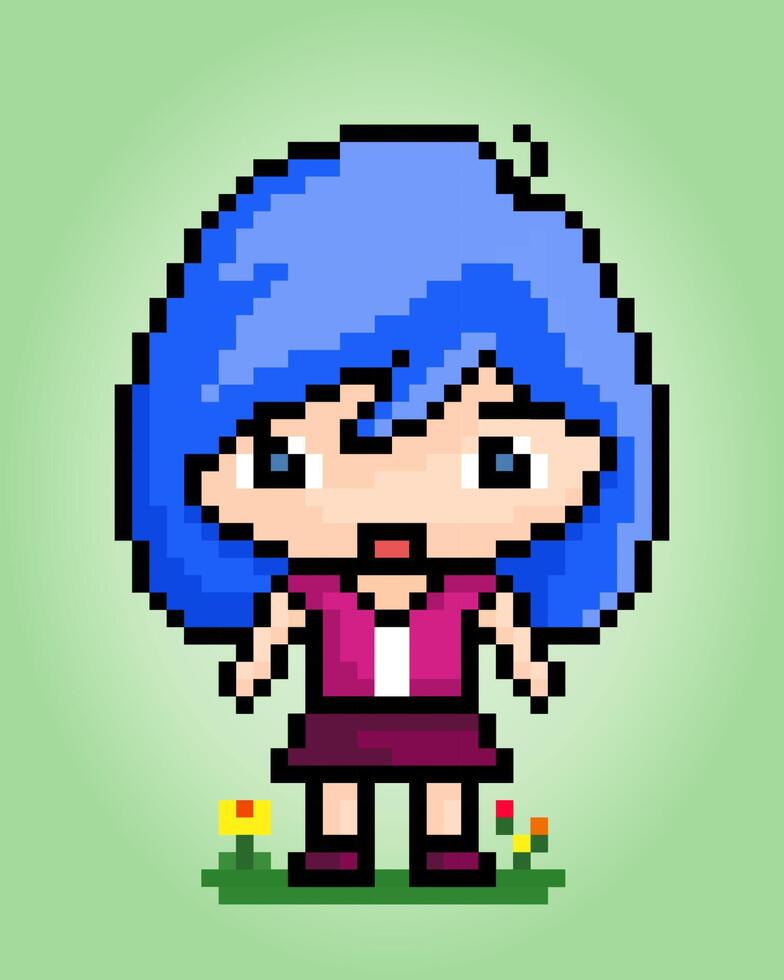 Pixel 8 bits des personnages de la jolie fille. femmes de bande dessinée dans des illustrations vectorielles. vecteur