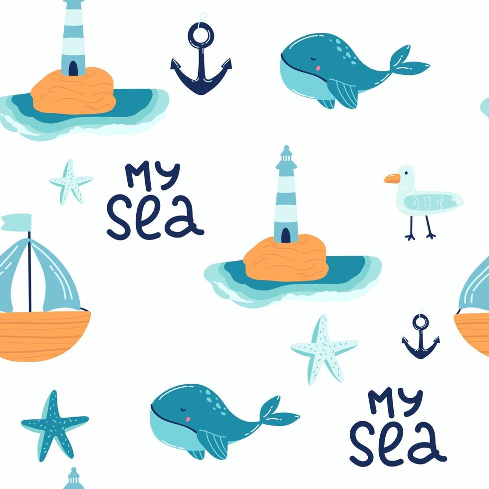 baleine bleue dans la mer fond de dessin animé mignon motif sans couture la conception utilisée pour le textile, le motif de vêtements, l'impression, le papier peint, l'illustration vectorielle. vecteur