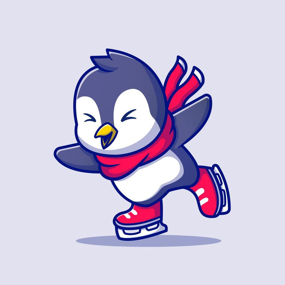 patinage sur glace mignon pingouin avec illustration d'icône de vecteur de dessin animé écharpe. concept d'icône de sport animal isolé vecteur premium. style de dessin animé plat
