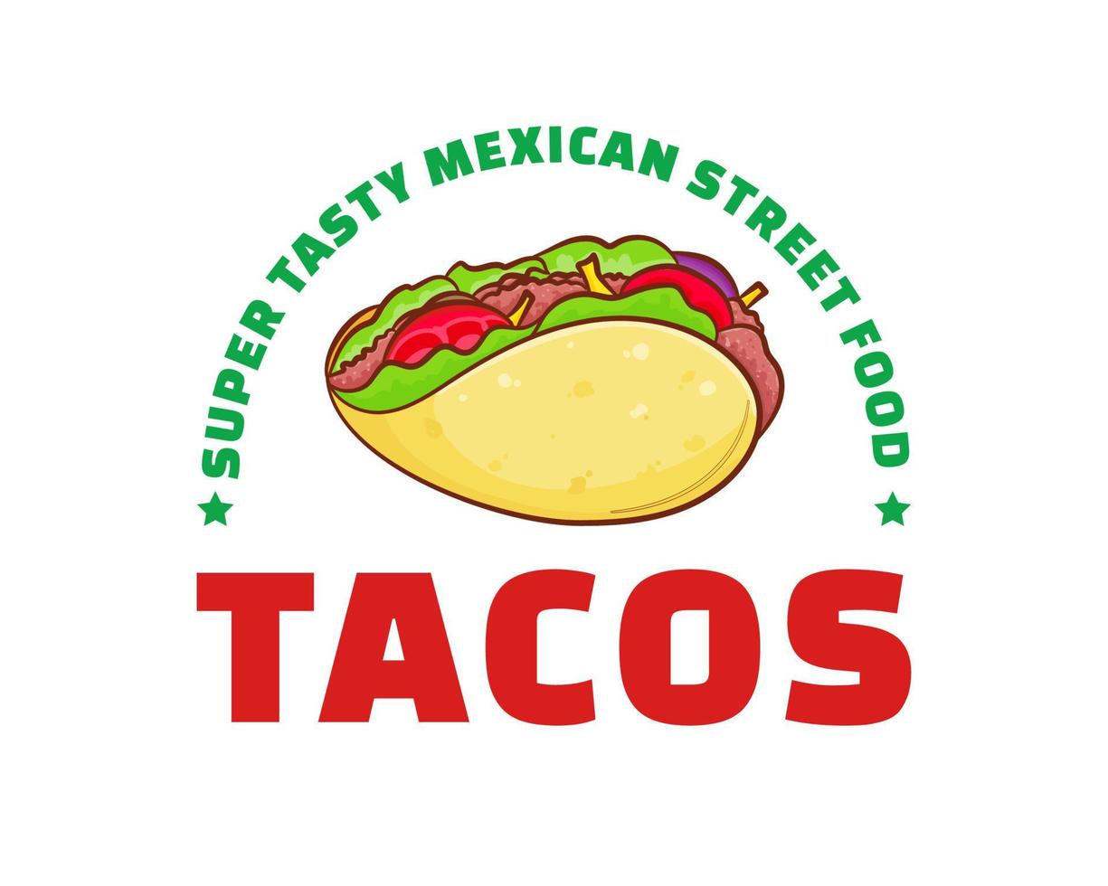 taco avec viande et légumes. restauration rapide mexicaine traditionnelle d'Amérique latine. tacos logo icône autocollant concept alimentaire. style de dessin animé plat rétro vintage. vecteur
