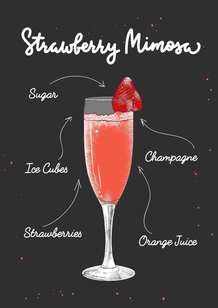 illustration de cocktail mimosa aux fraises de style gravé vectoriel pour affiches, décoration, logo et impression. croquis dessiné à la main avec lettrage et recette, ingrédients de la boisson. dessin coloré détaillé.