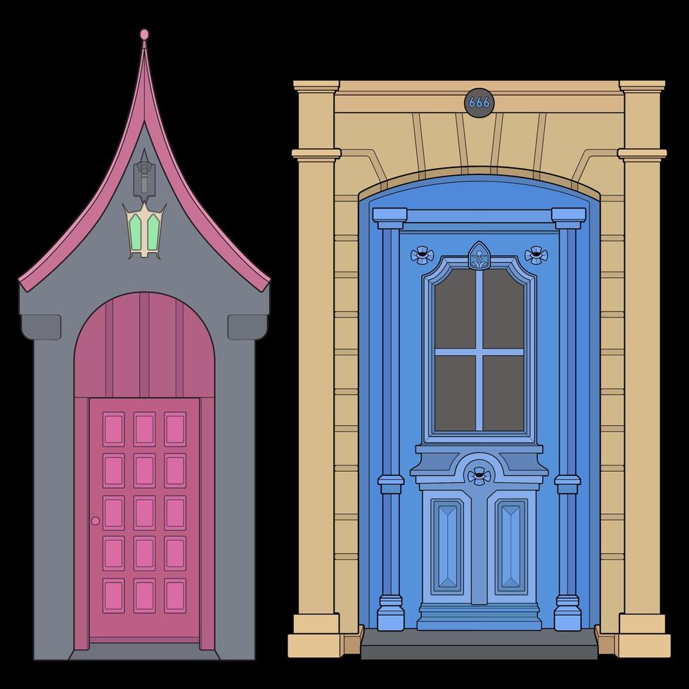 ensemble d'art vectoriel de porte ancienne. vieille porte isolée sur fond de bacl. vieille porte en vecteur de style. pour livre de coloriage