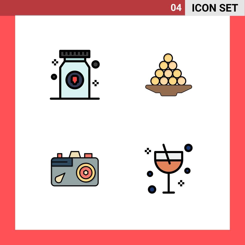 4 concept de couleur plate fillline pour les sites Web mobiles et applications médicament pilule sucrée dessert caméra éléments de conception vectoriels modifiables vecteur