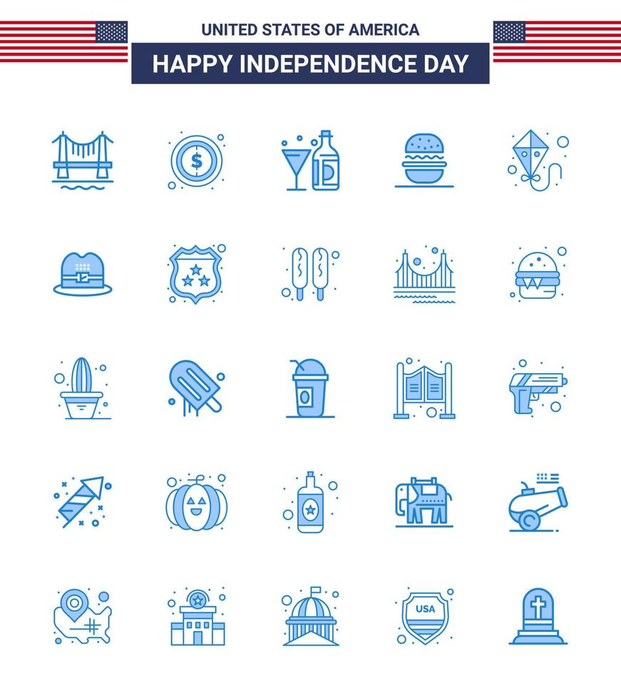 4 juillet usa joyeux jour de l'indépendance icône symboles groupe de 25 blues moderne de cerf-volant boisson américaine manger verre modifiable usa day vector design elements