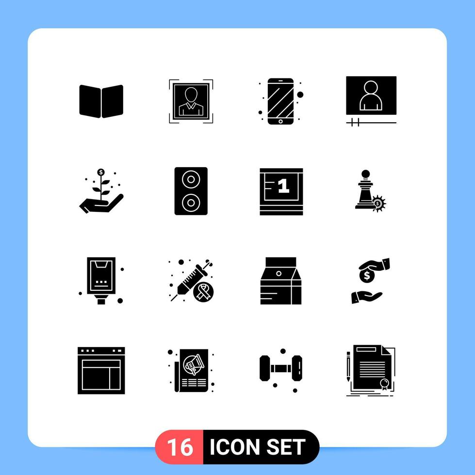 ensemble de 16 pack de glyphes solides commerciaux pour investissement lecteur vidéo profil lecteur d'images éléments de conception vectoriels modifiables électroniques vecteur