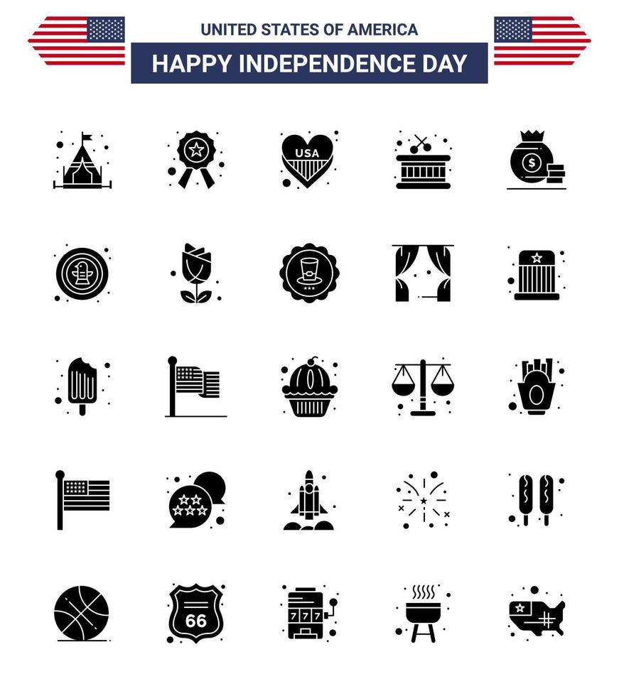 joyeux jour de l'indépendance 4 juillet ensemble de 25 pictogrammes américains de glyphe solide de sac américain coeur dollar instrument modifiable usa day vector design elements