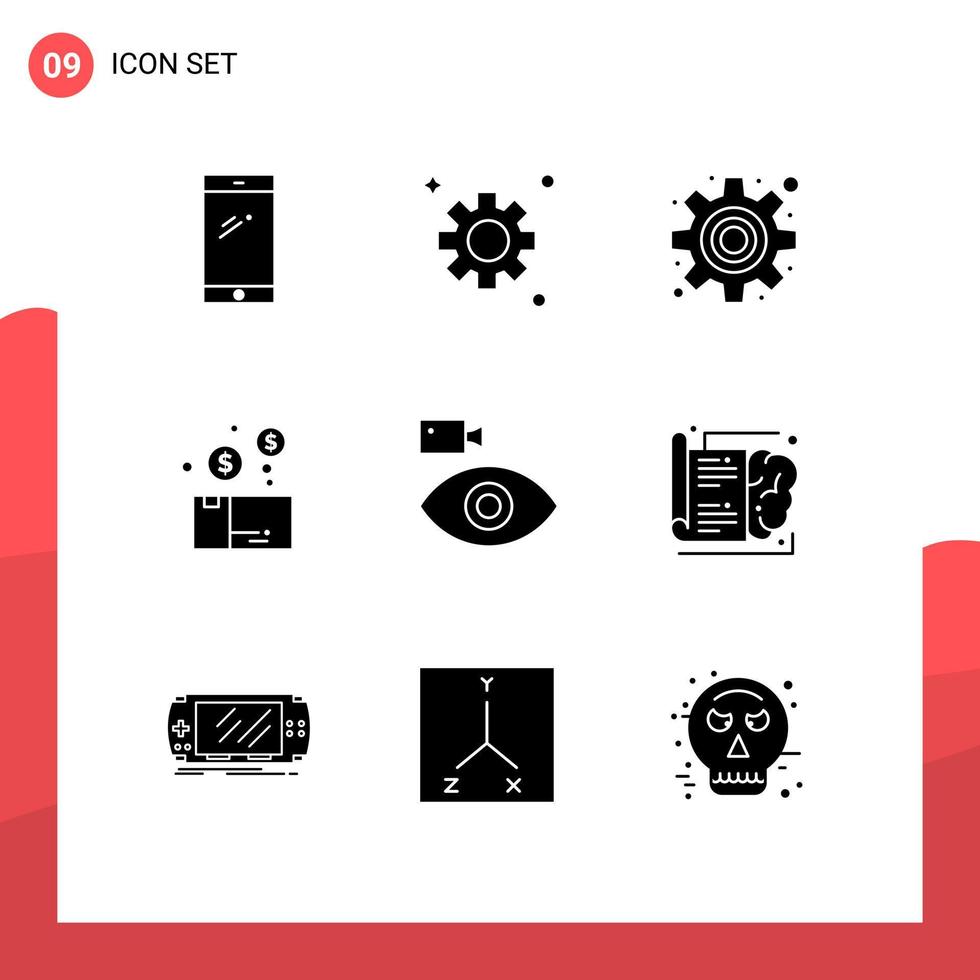 9 glyphes solides universels définis pour les applications web et mobiles caméscope produit cog paquet argent éléments de conception vectoriels modifiables vecteur