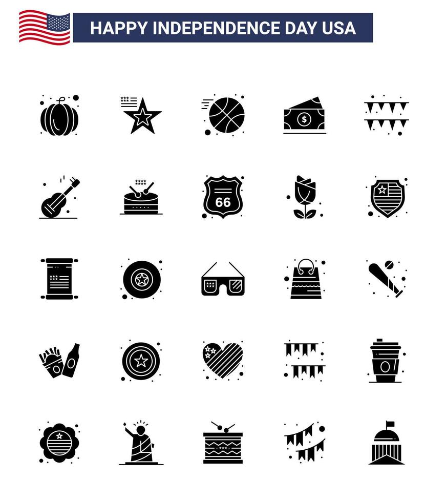 gros pack de 25 usa joyeux jour de l'indépendance usa vecteur glyphe solide et symboles modifiables de guiter garland ball festival amearican modifiable usa day vector design elements