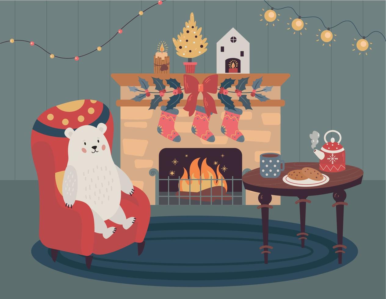 joyeux Noel et bonne année. illustrations vectorielles d'une salle de noël confortable vecteur