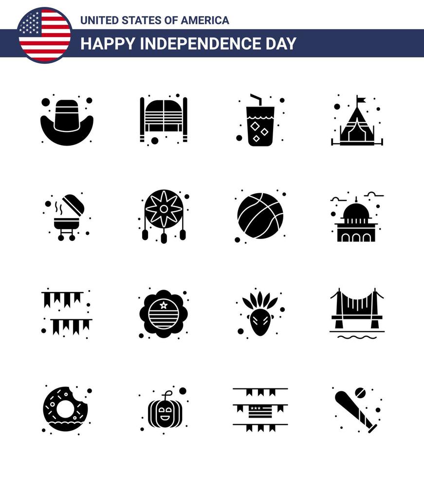 4 juillet usa joyeux jour de l'indépendance icône symboles groupe de 16 glyphes solides modernes de grill barbecue alcool tente camp modifiable usa day vector design elements